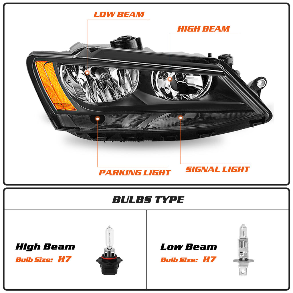 Black Amber Headlights Headlamps Assembly For 2011-2018 Volkswagen Jetta LH+RH