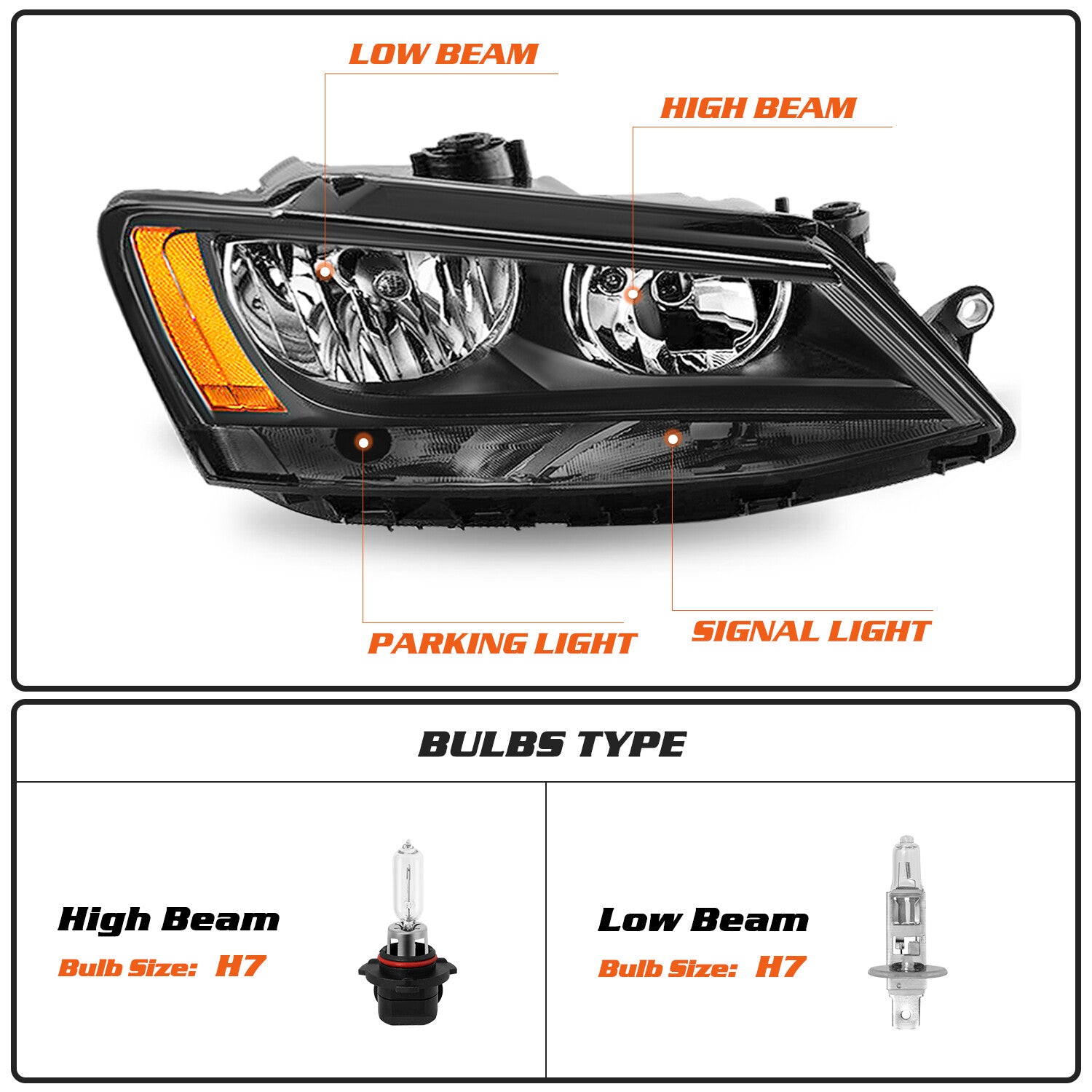 Black Amber Headlights Headlamps Assembly For 2011-2018 Volkswagen Jetta LH+RH