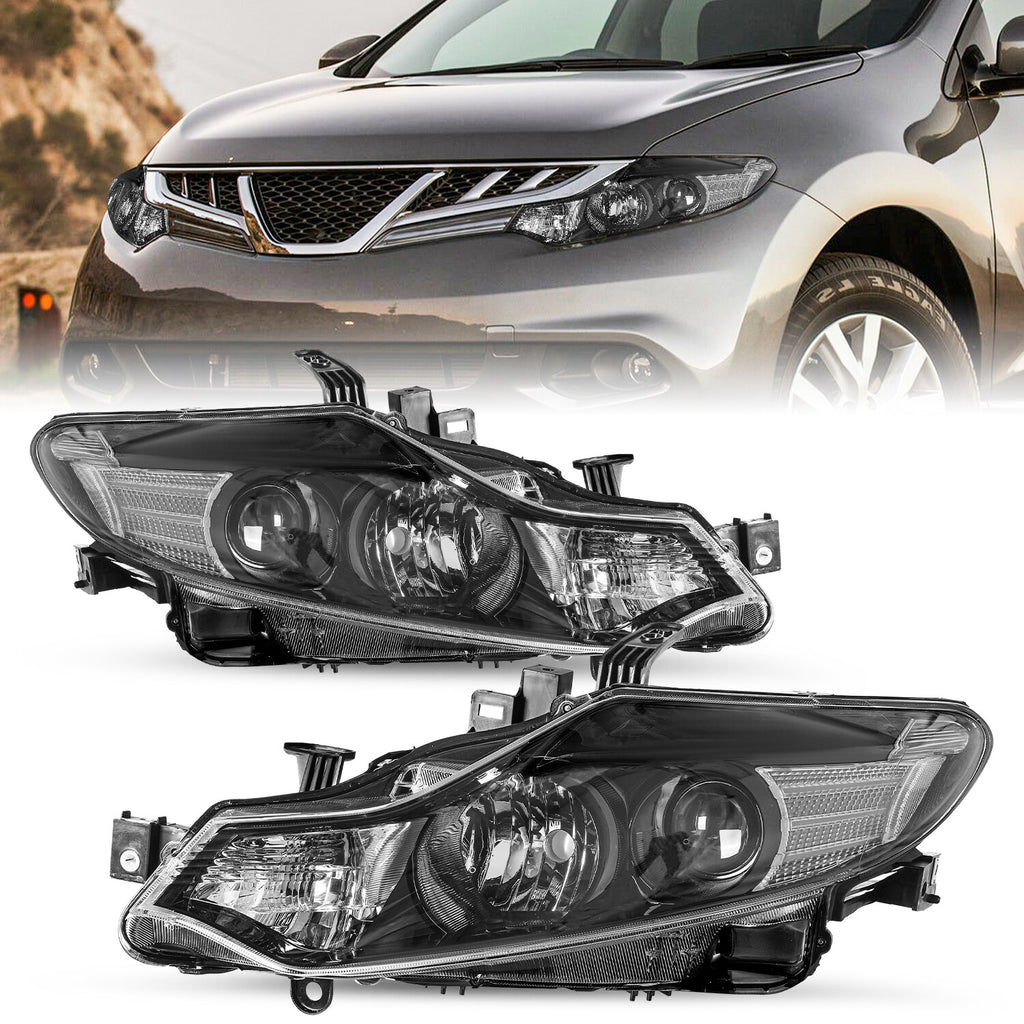For 2009-2014 Nissan Murano 4Dr Halogen Black Headlights Assembly Headlamps Pair