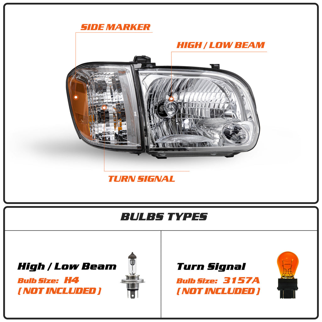 For 2005 2006 Toyota Tundra 05-07 Sequoia Chrome Headlights Assembly Lamps Pair