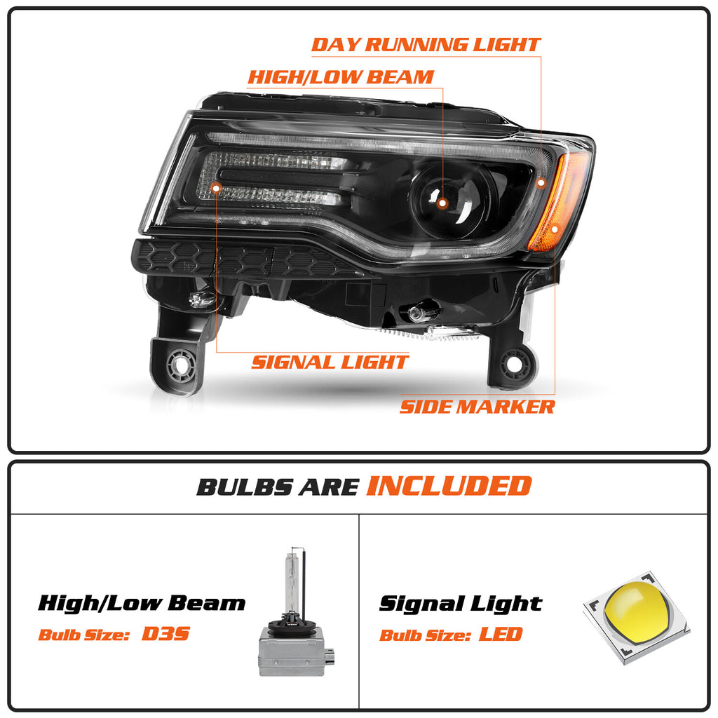 For 2014-2021 Jeep Grand Cherokee w/Bulbs&Ballast HID Black Headlight LH