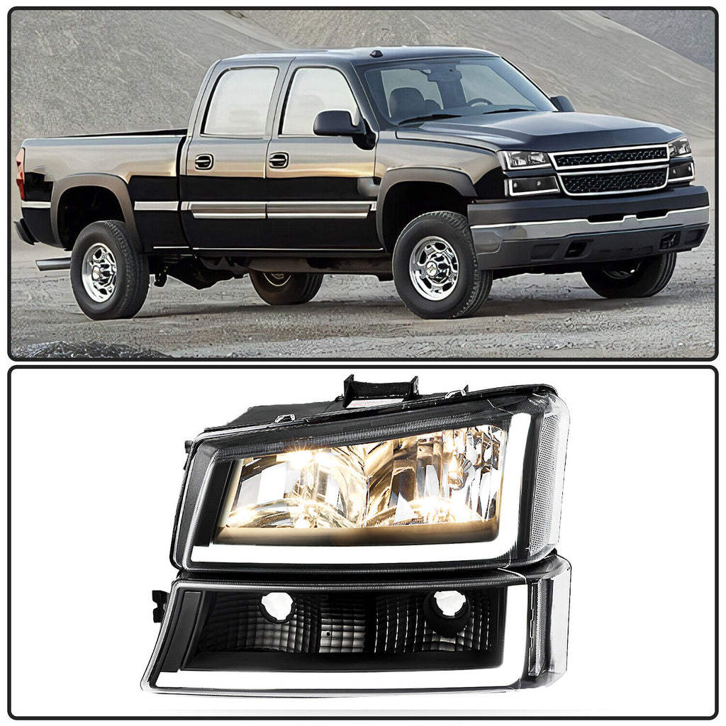 For 2003-2006 Chevy Silverado Avalanche BLACK Headlights Bumper Lamp W/ LED DRL