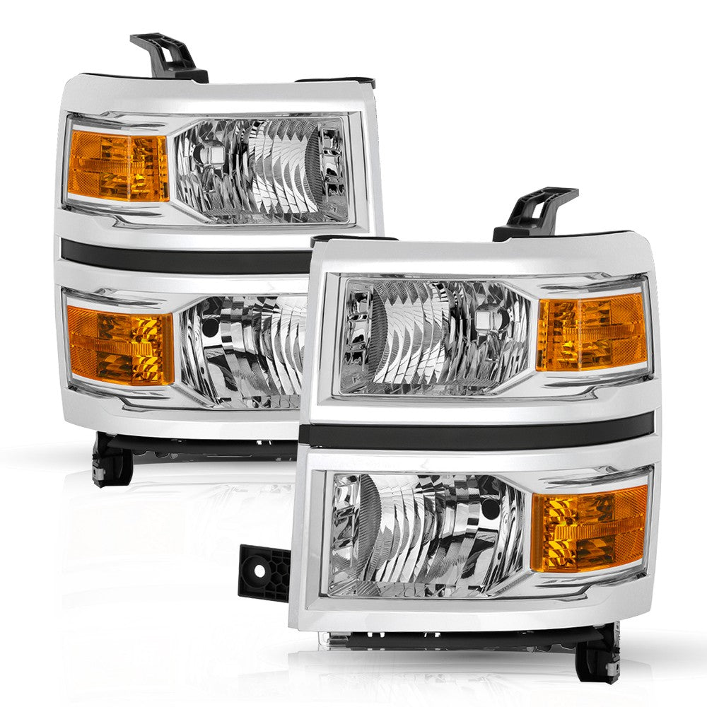 Chrome Amber Headlights For 2014-2015 Chevy Silverado 1500 Headlamp Left & Right