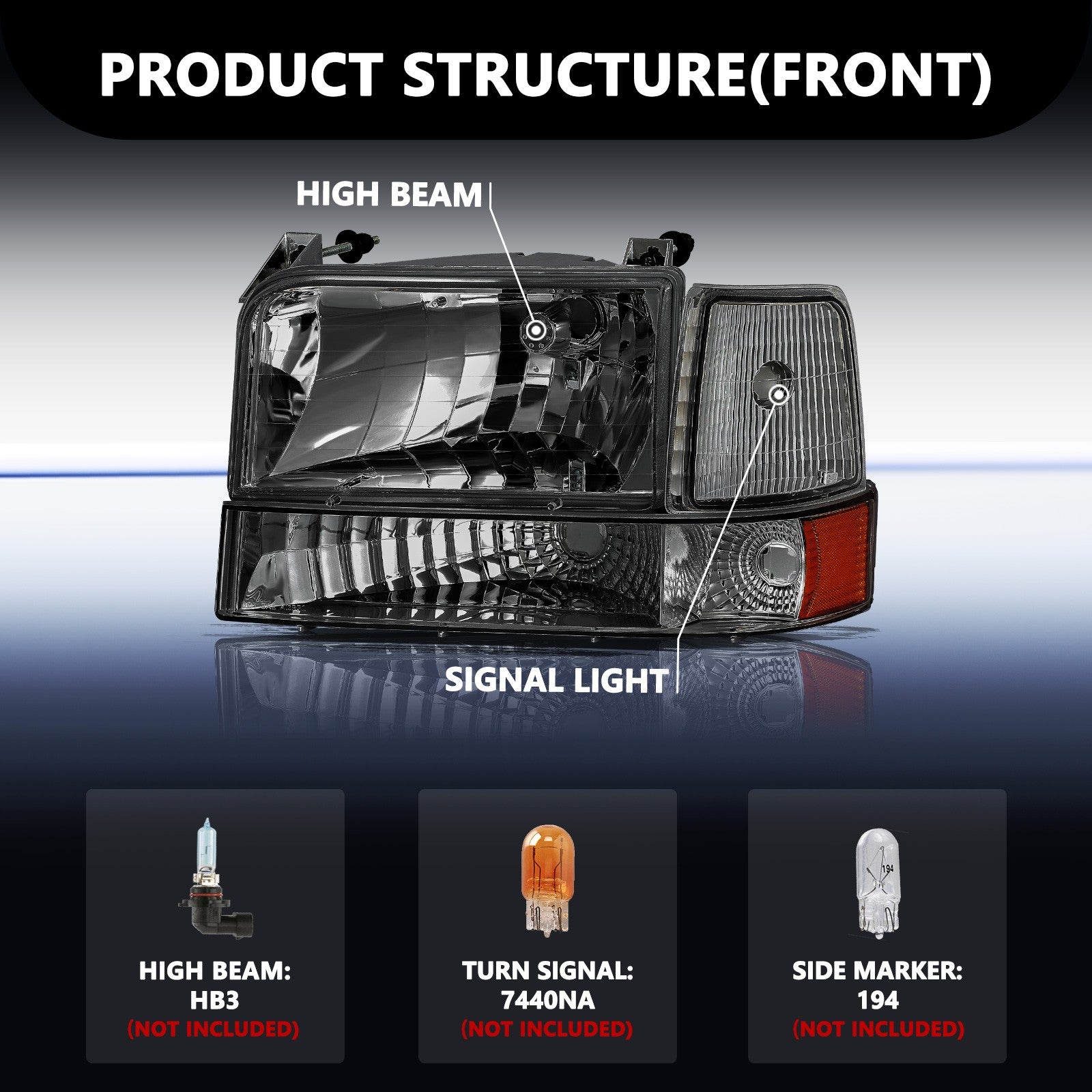 For 1992-1996 Ford F150 F250 F350 Bronco Smoke Headlights w/Corner Signal Lamps