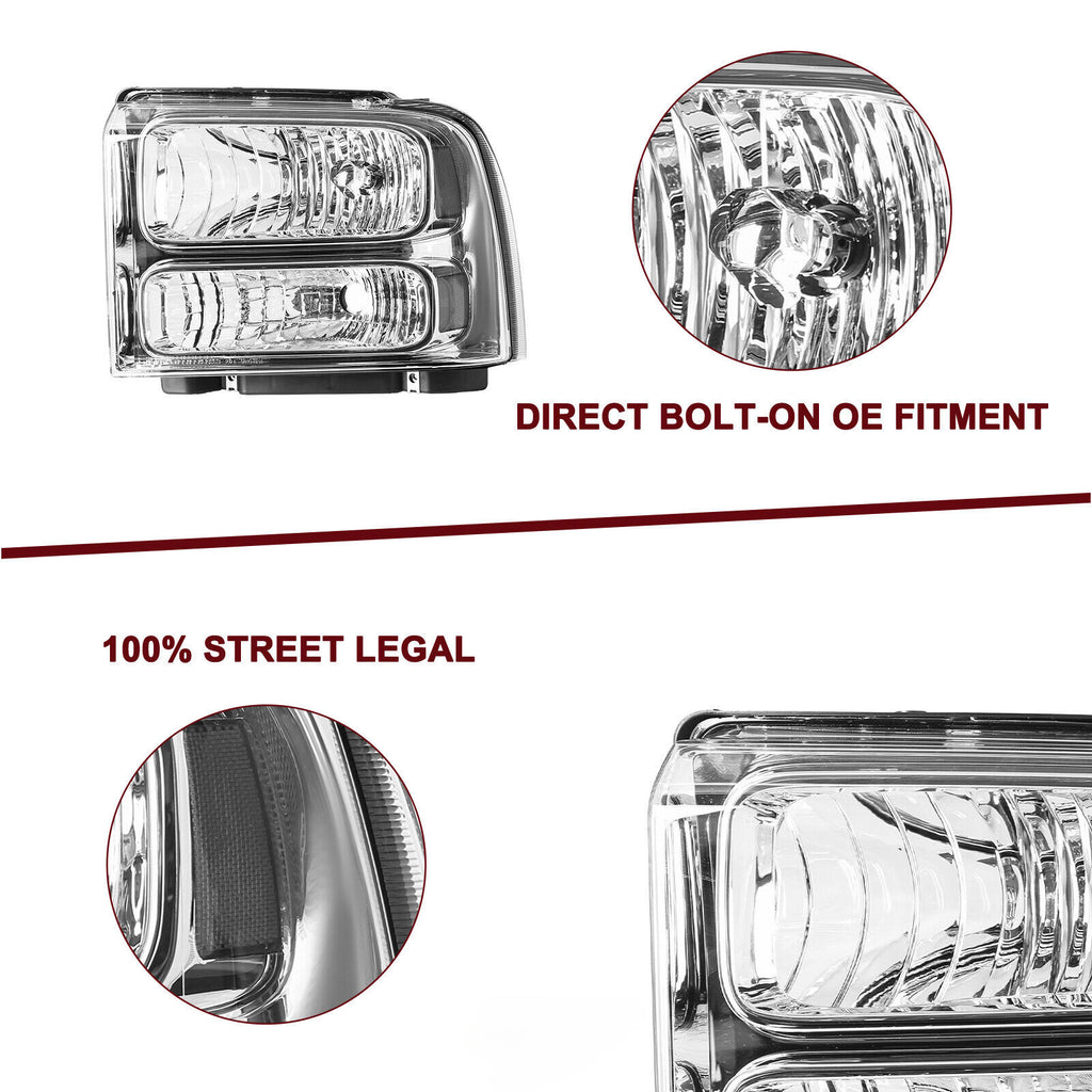 Chrome Excursion Halo Headlights For 1999-2004 Ford F250 F350 Super duty W/Bulb
