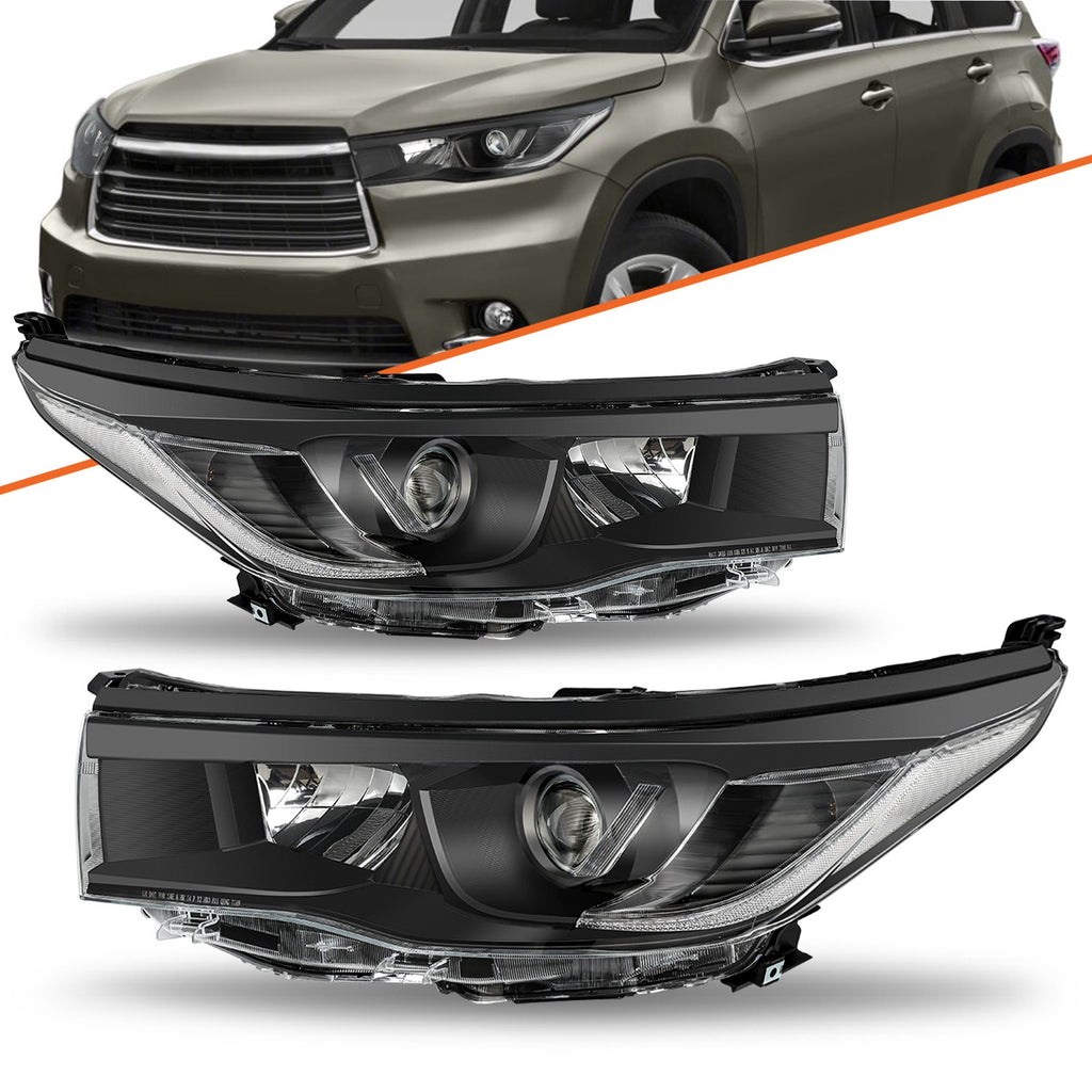 For 2014 2015 2016 Toyota Highlander Black Clear Headlight Pair Assembly