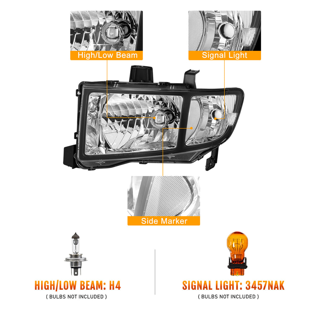 For 2006-2014 Honda Ridgeline Black Clear Headlights Headlamps Pair 06-14