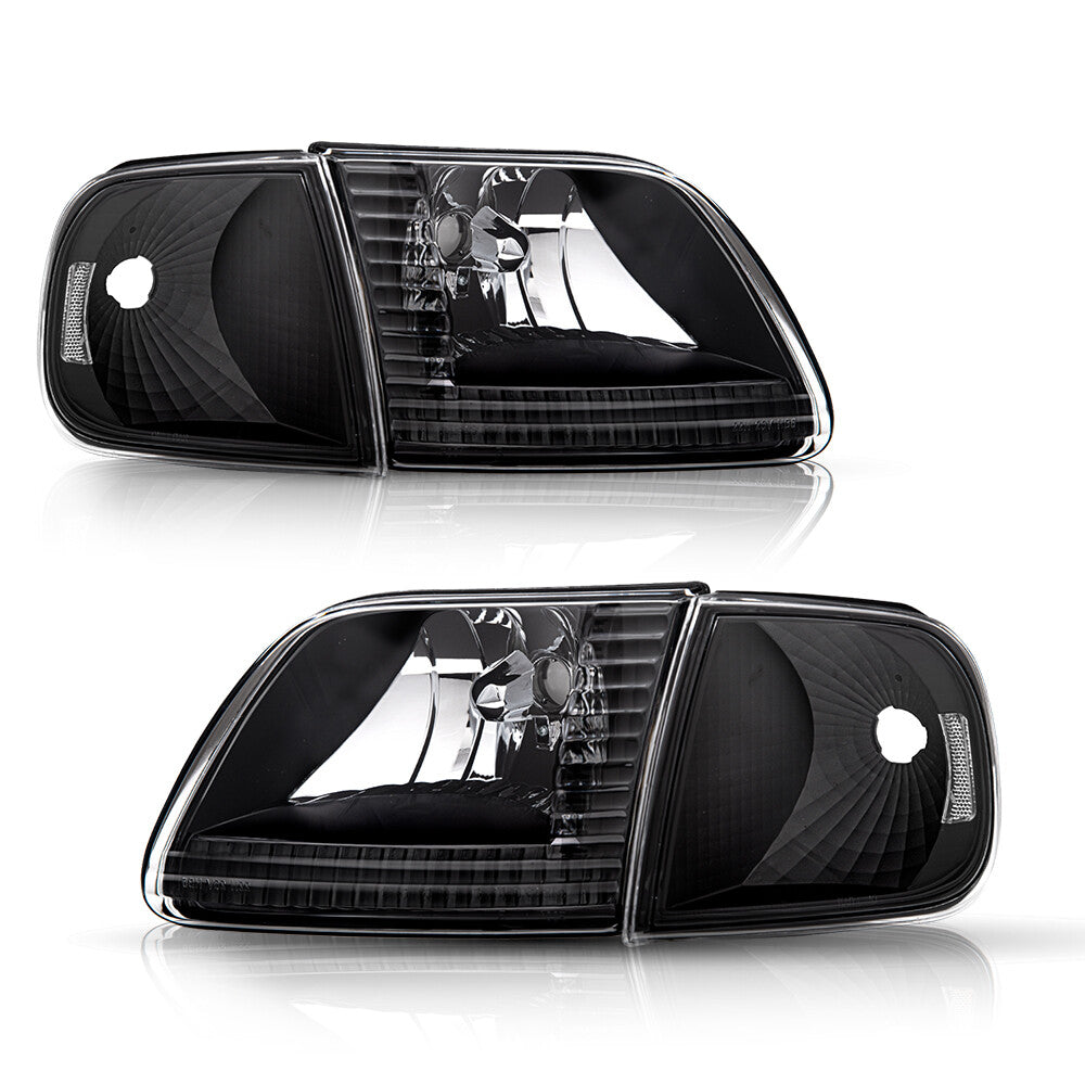 For 1997-2003 Ford F150 97-02 Expedition Black Headlights Headlamps Assembly Set