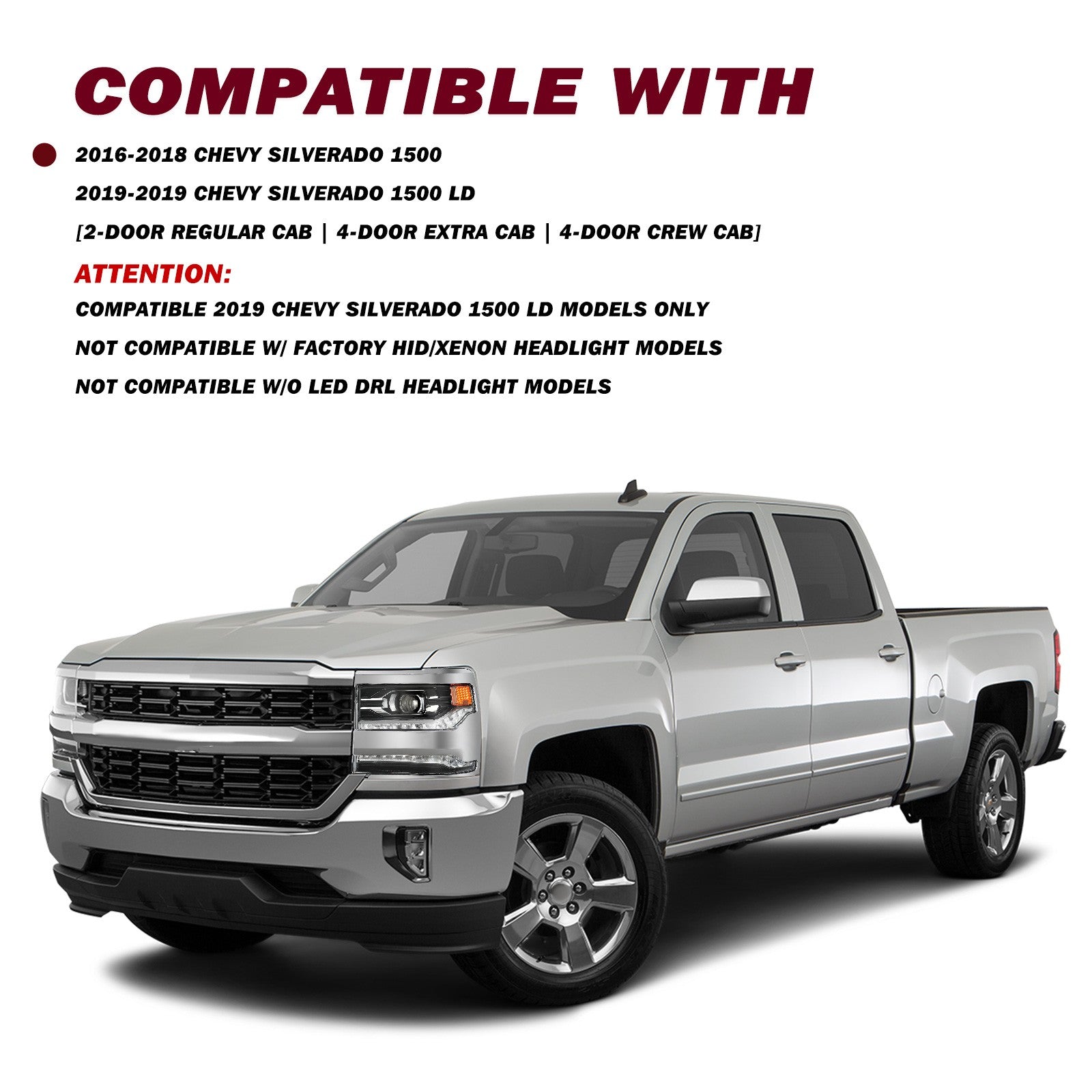 Chrome Projector Headlight For 2016-2018 Chevy Silverado 1500 Headlamp Left Side