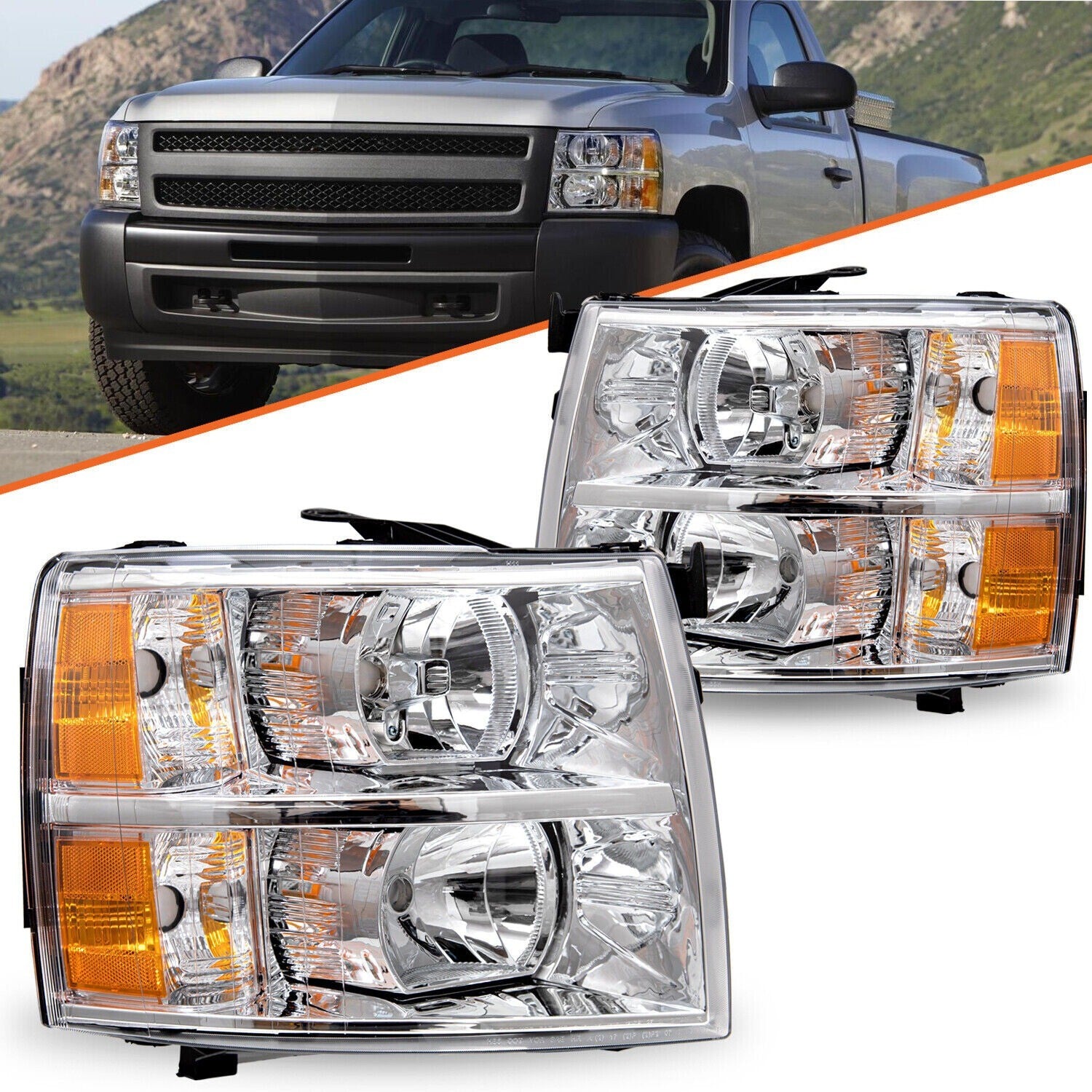 Headlight For 2007-2013 Chevy Silverado 1500 2500HD Chrome Headlamp Left & Right