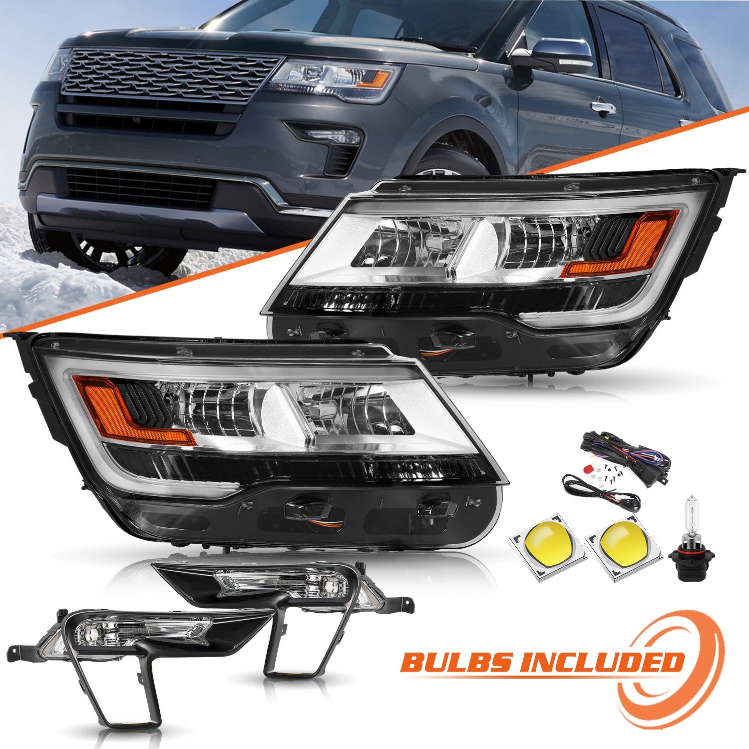 2 sets Headlights and Fog lights Assembly w/ LED DRL For 2016-2019 Ford Explorer