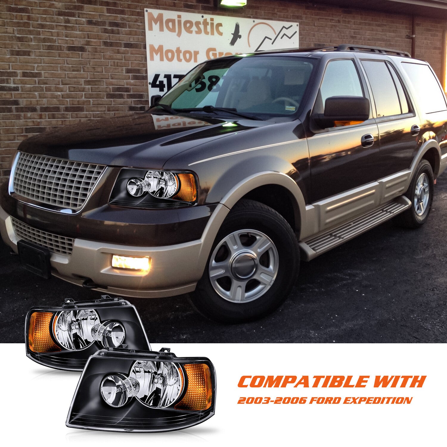 For 2003-2006 Ford Expedition Headlight Black Amber Housing Left+Right W/Bulbs