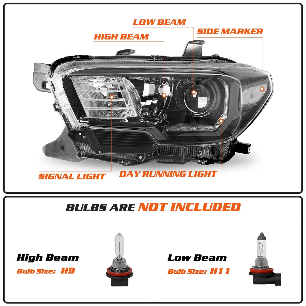Fit For 2016-2022 Toyota Tacoma w/ LED DRL Black Headlights Left+Right Headlamps
