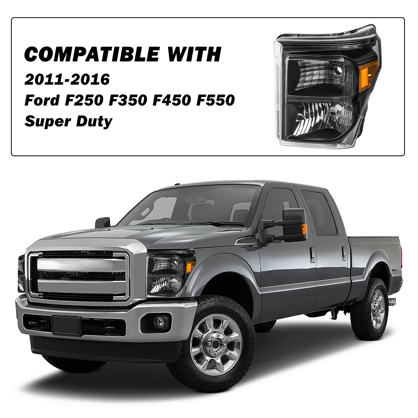 For 2011-2016 Ford F250 F350 F450 F550 Super Duty Pickup Black Headlights Pair