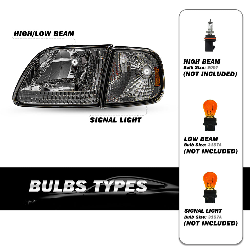 For 97-02 Expedition Ford 97-03 F150 Smoke Housing Amber Corner 4Pcs Headlights