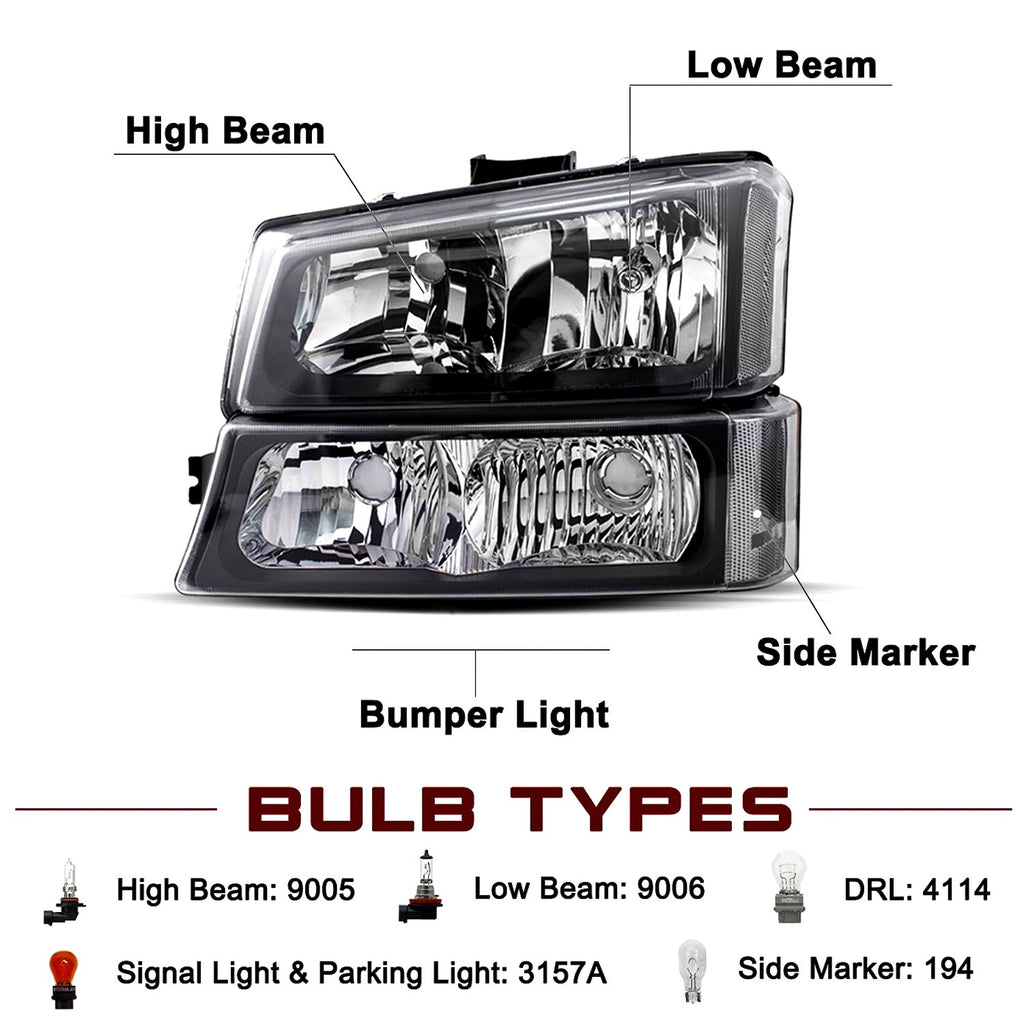 For 03-06 Chevy Silverado Avalanche Black Housing Clear Headlights Bumper Lamps