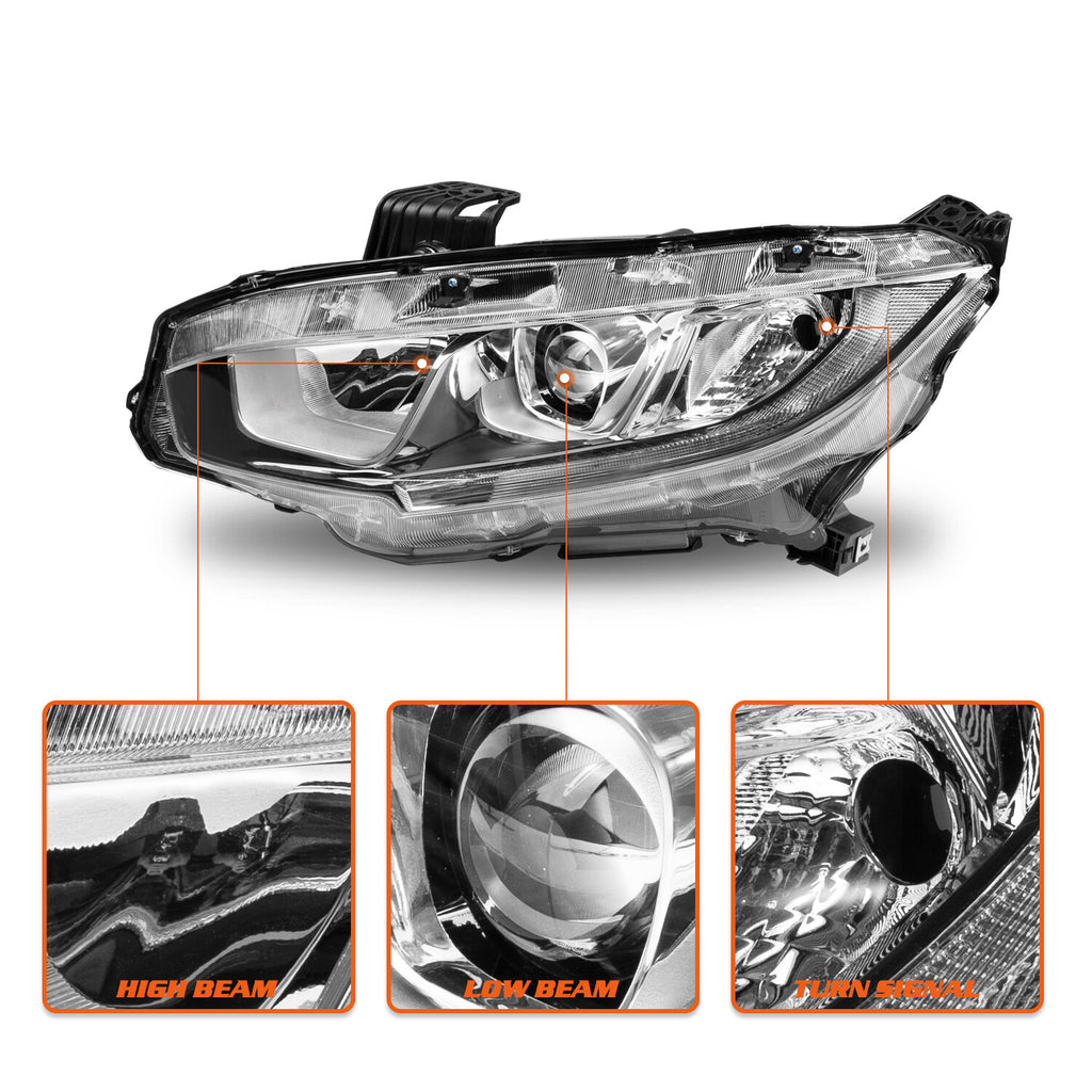 For 2016-2021 Honda Civic Halogen Chrome Clear Headlights Assembly Pair L+R