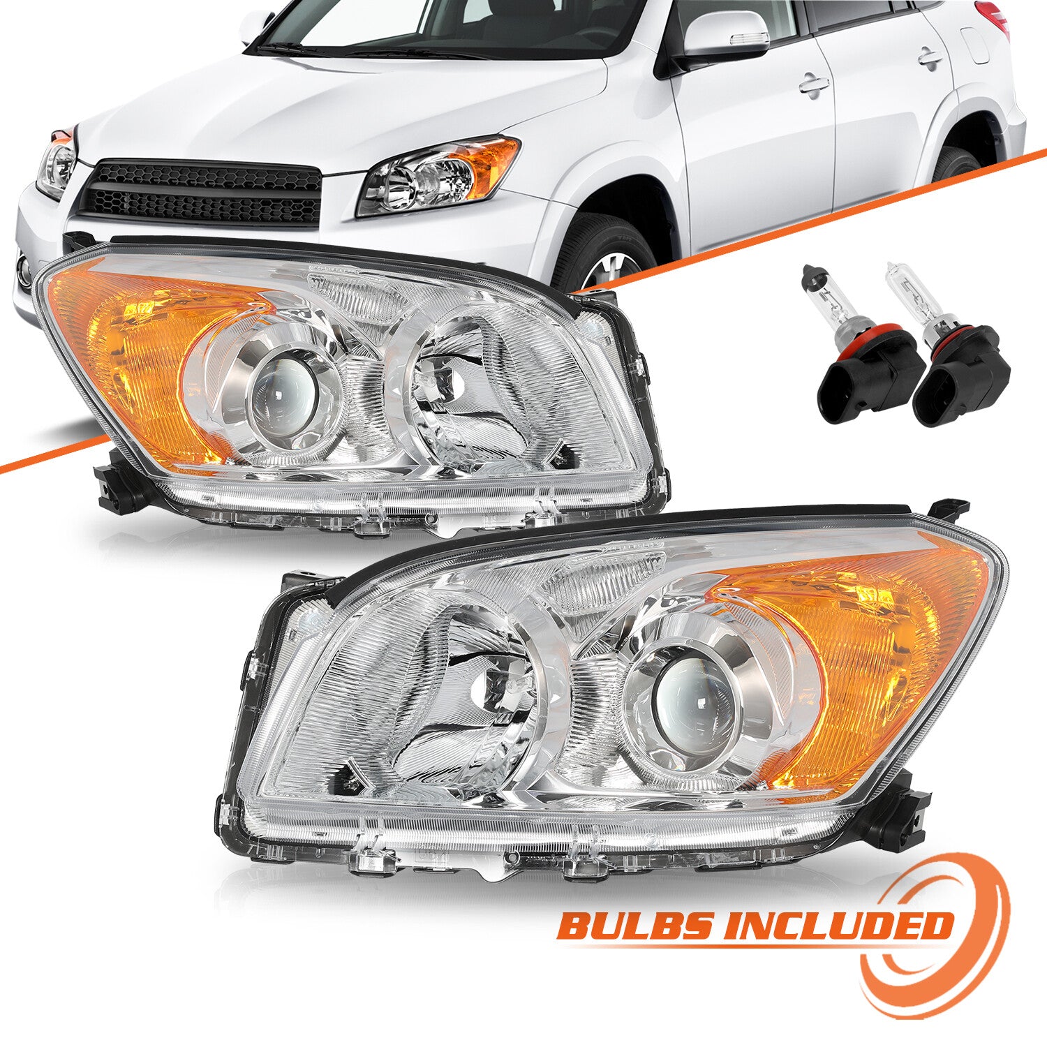 Left+Right Headlight Assembly W/Bulbs For 2009-2012 Toyota Rav4 Halogen Chrome