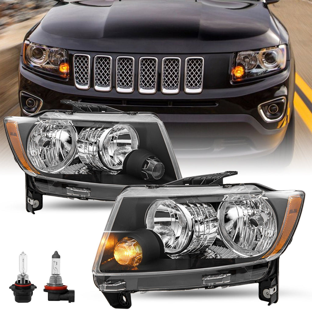 For 2011-2013 Jeep Grand Cherokee/11-17 Compass Headlights Halogen Pair w/Bulbs