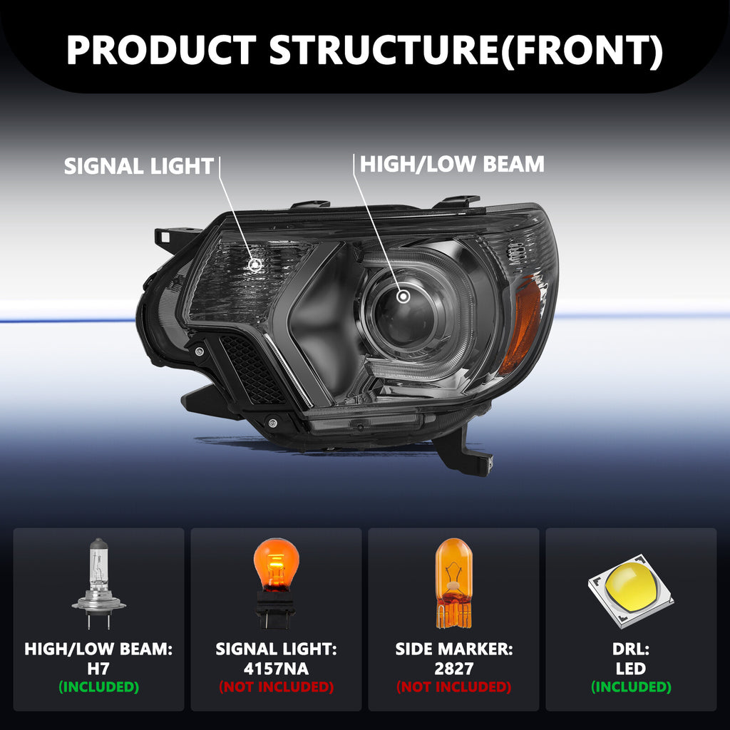 For 2012-2015 Toyota Tacoma LED DRL Strip Bar Smoke Headlights Headlamps LH+RH