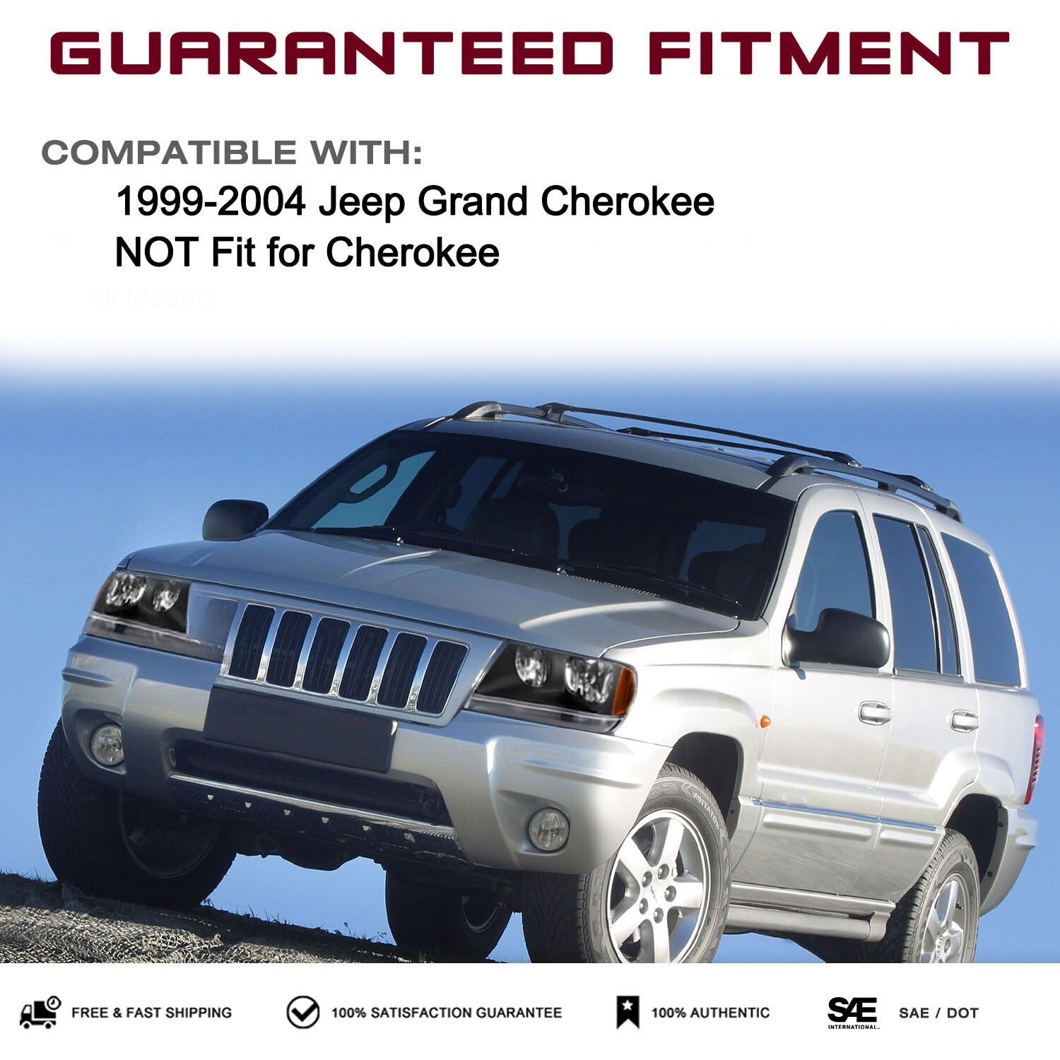 For 1999-2004 Jeep Grand Cherokee Black Headlights Lamp Pair Front Left + Right