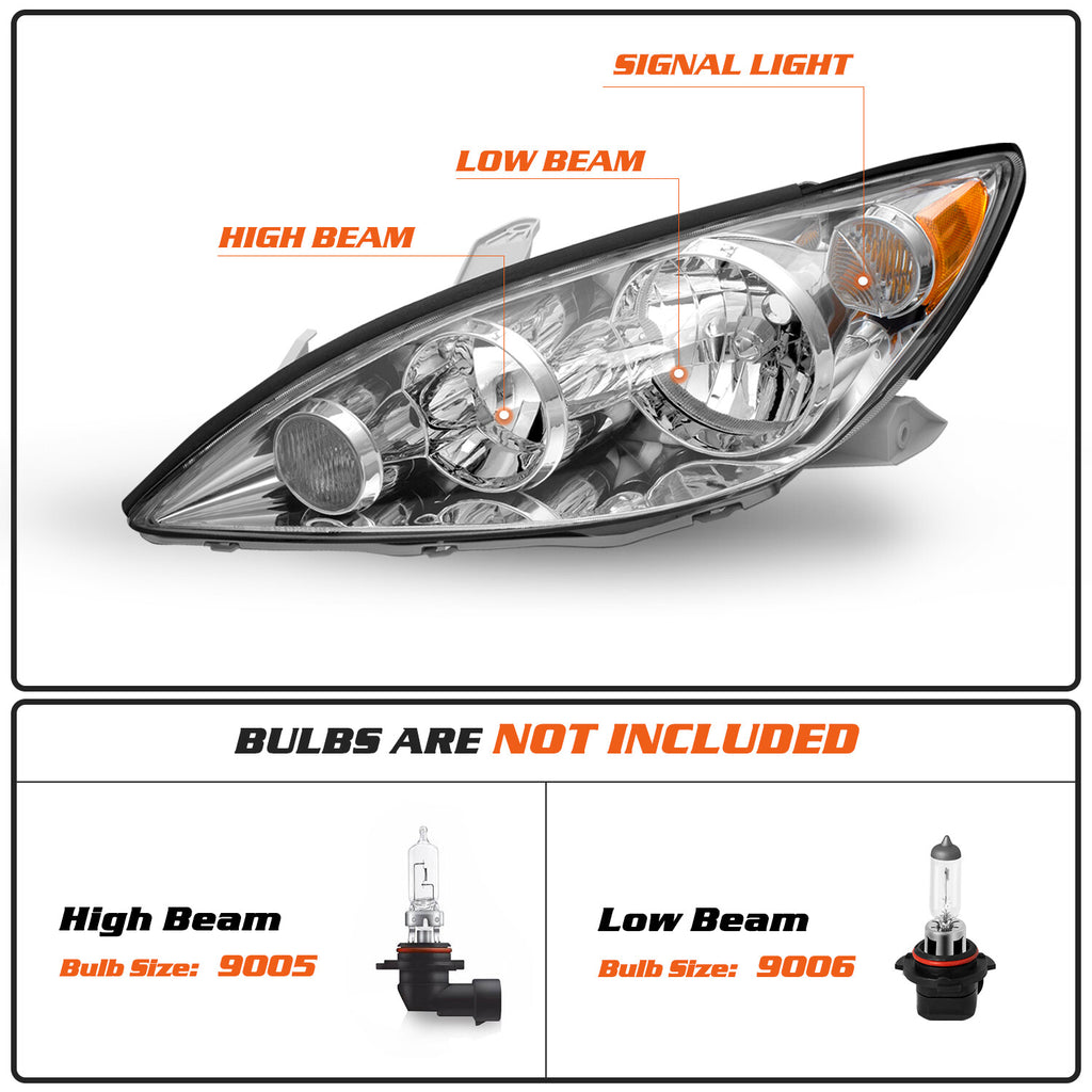 For 2005-2006 Toyota Camry Assembly Headlight Chrome Amber Headlamps 05-06 Pairs