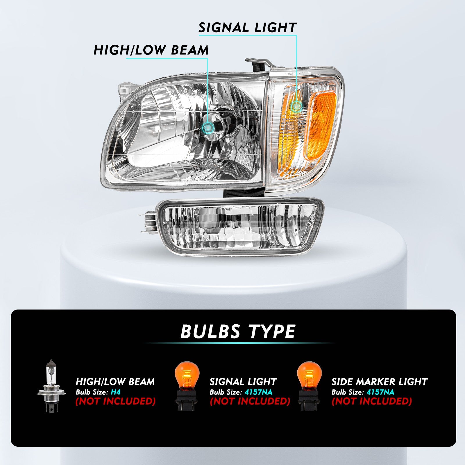 For 2001-2004 Toyota Tacoma Chrome Headlights Clear Corner Lamps + Bumper Lights