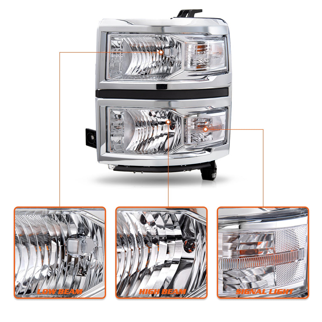 Chrome Headlights For 2014-2015 Chevy Silverado 1500 Headlamps Assembly Sets