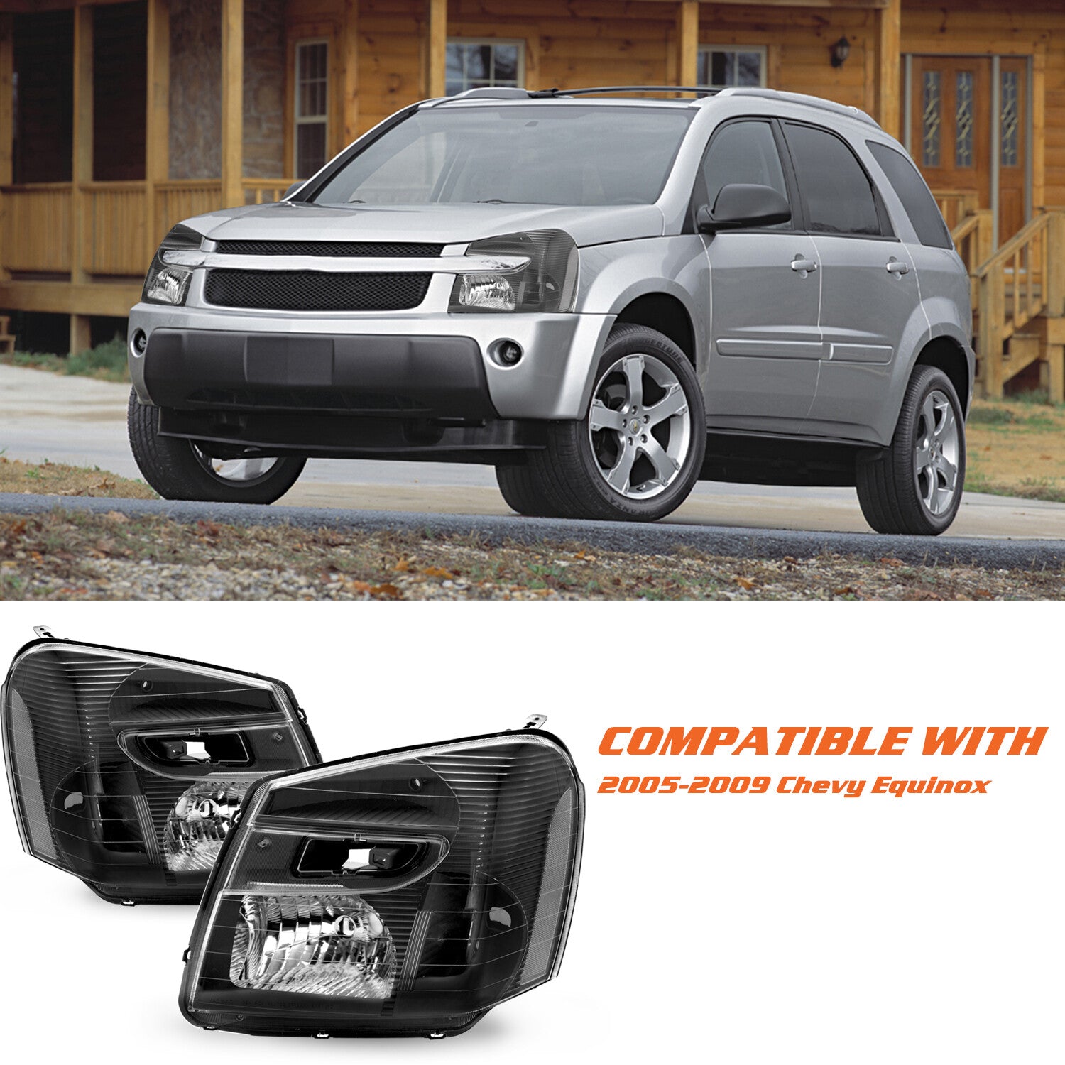 Headlights For 2005-2009 Chevy Equinox Black Housing Clear Left+Right Pair 05-09