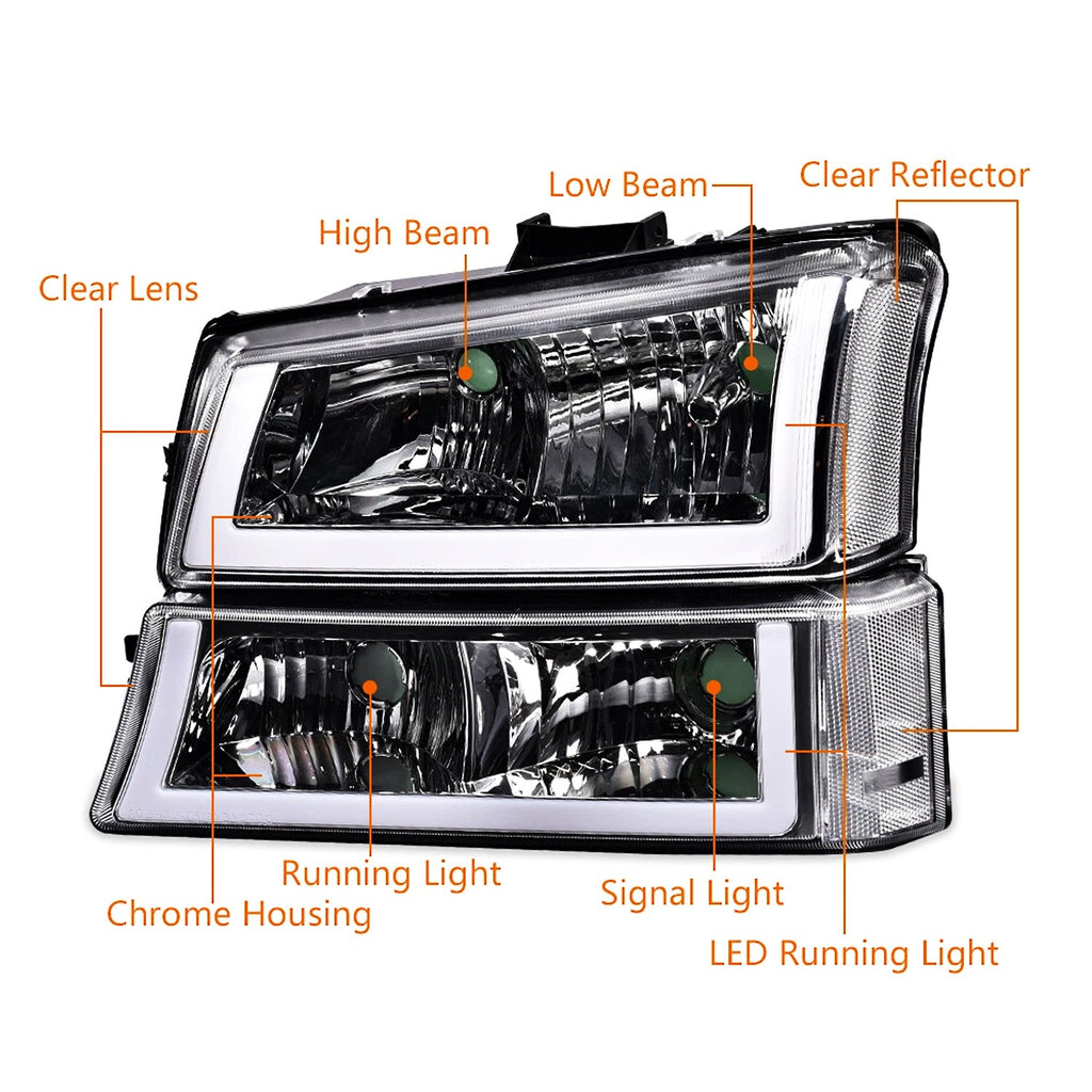 Pair For 2003-2006 Chevy Silverado1500-3500 Chrome Headlights Headlamp w/LED DRL