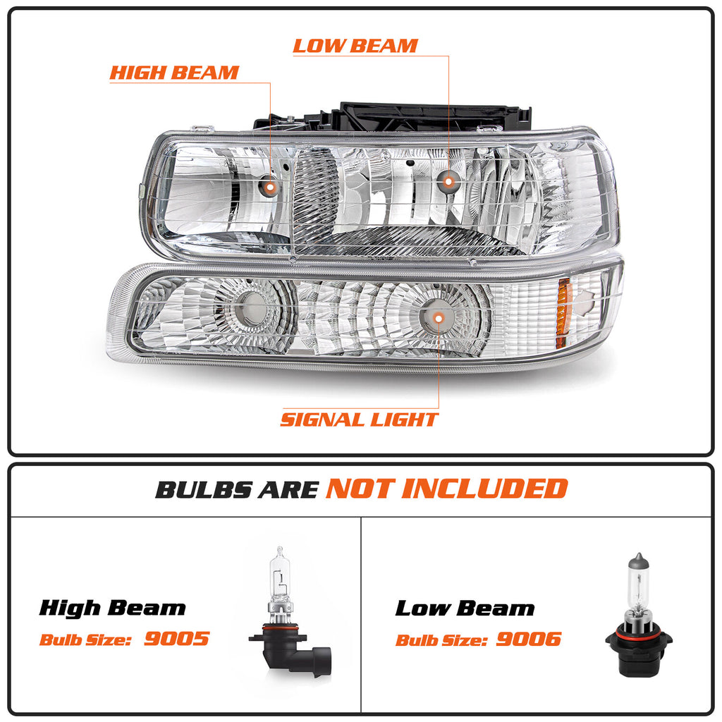 For 1999-2002 Chevy Silverado 2000-2006 Suburban Tahoe Headlights+Bumper Lamps