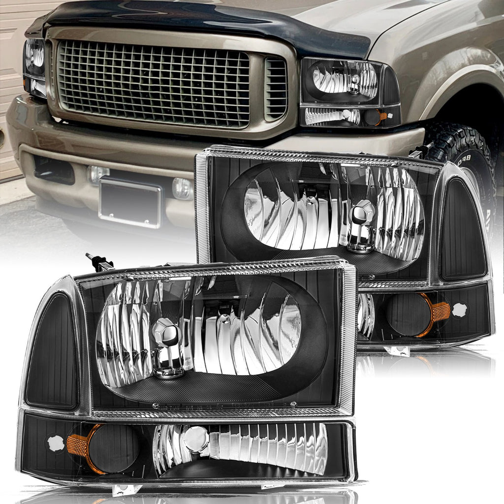 FOR 99-04 FORD F250 F350 SUPER DUTY BLACK HOUSING CLEAR CORNER HEADLIGHT LAMPS