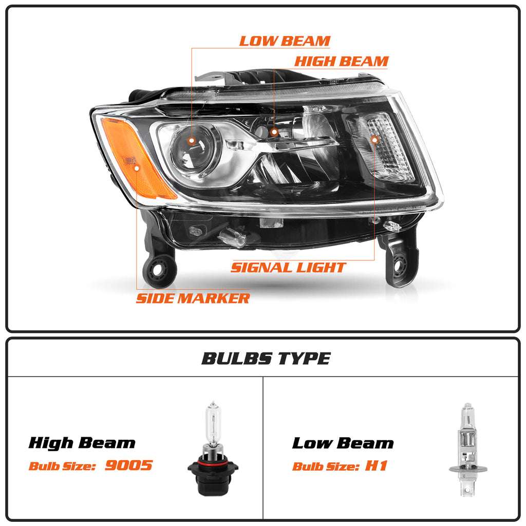 Right Passenger Headlight For Jeep Grand Cherokee 2014-16 Halogen HeadLamp