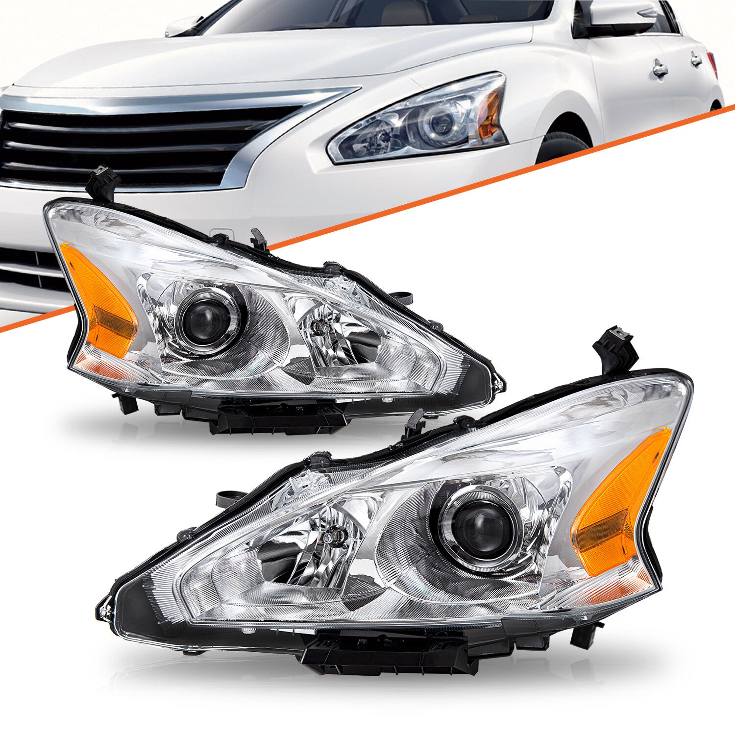 For 2013-2015 Nissan Altima 4-Dr Sedan Chrome Headlights Amber Corner Lamps Pair
