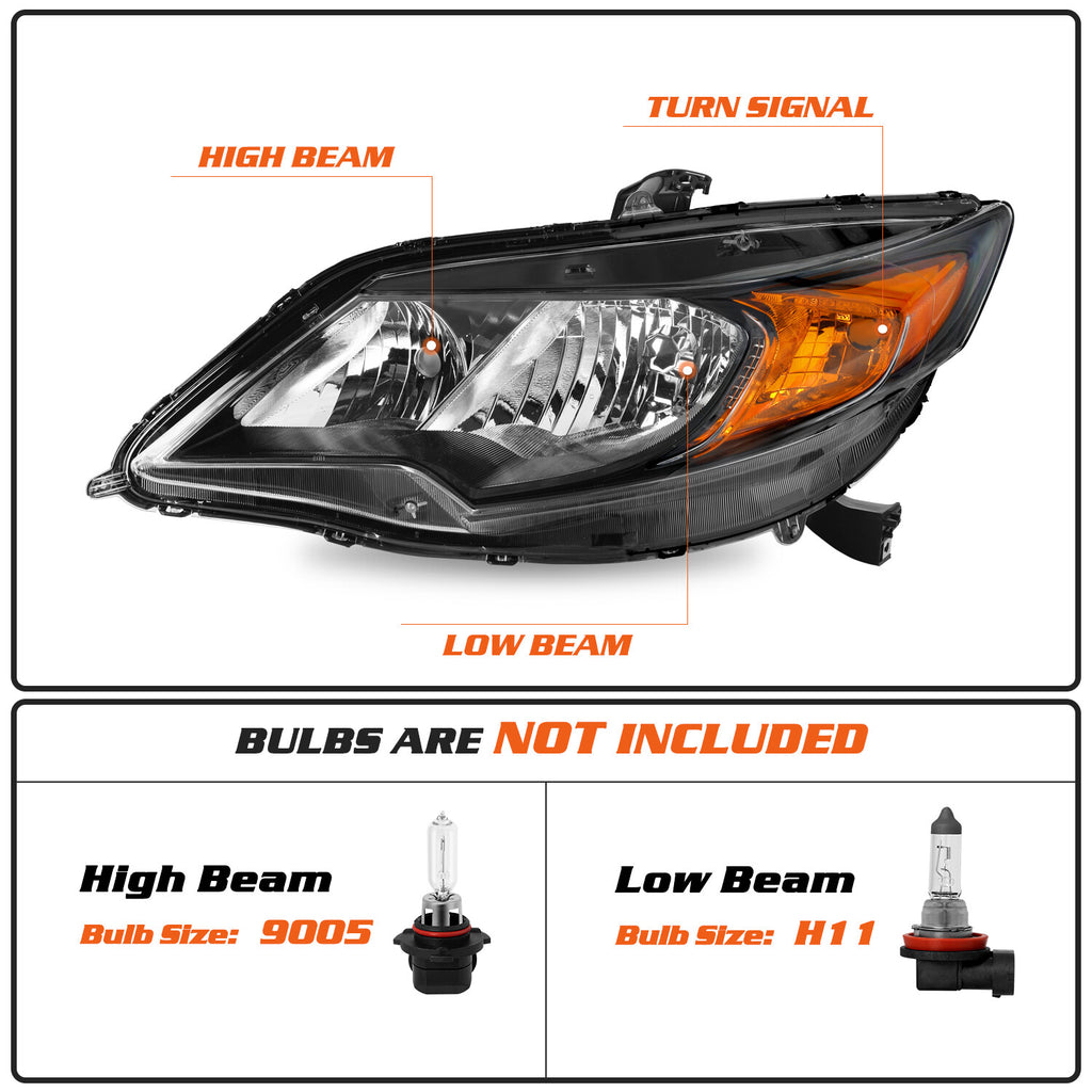 For 2014-2015 Honda Civic Coupe 2Dr Black Amber Halogen Headlight