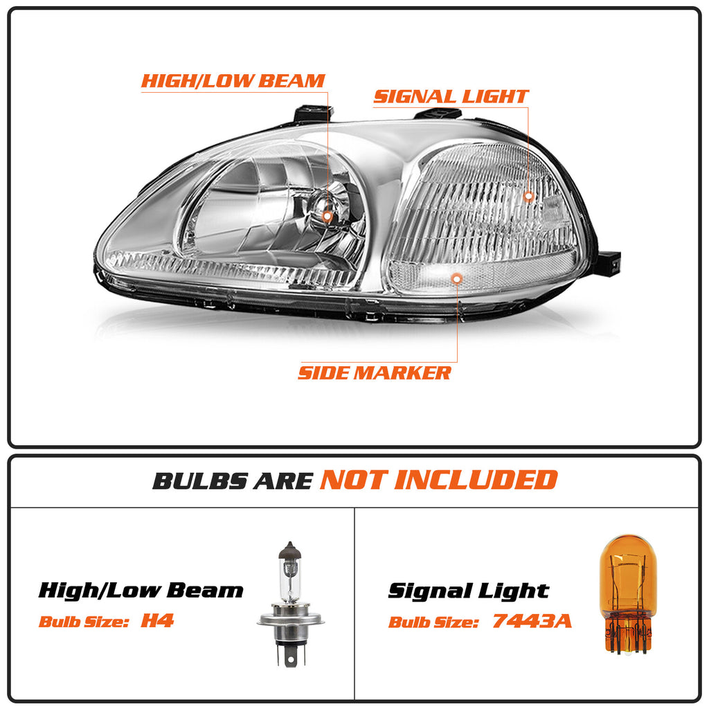 For 1996 1997 1998 Honda Civic EK EJ Chrome Clear Headlights Assembly Pair 96-98