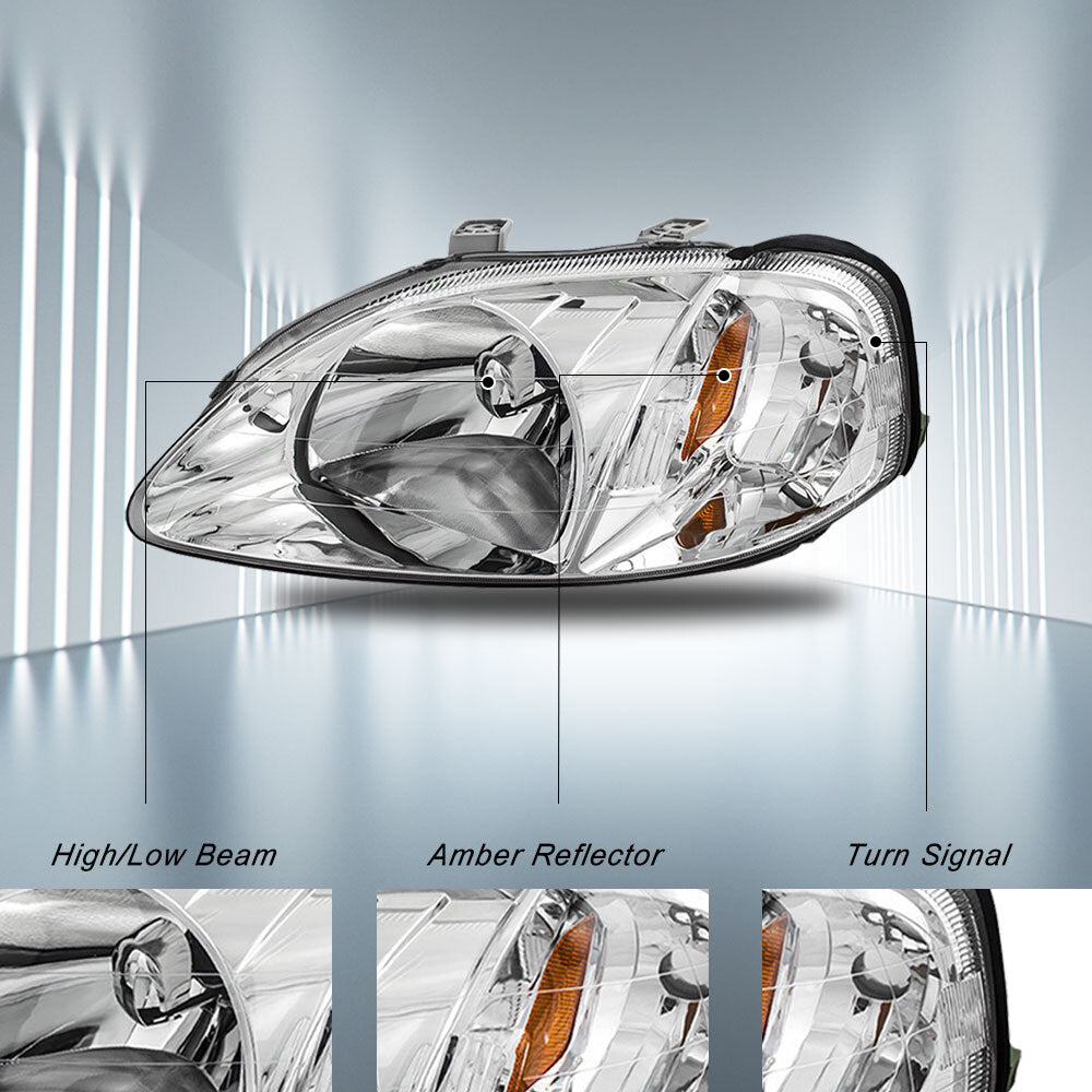 For 99-00 Honda Civic DX EX Chrome Housing Amber Corner Headlights Lamps Set