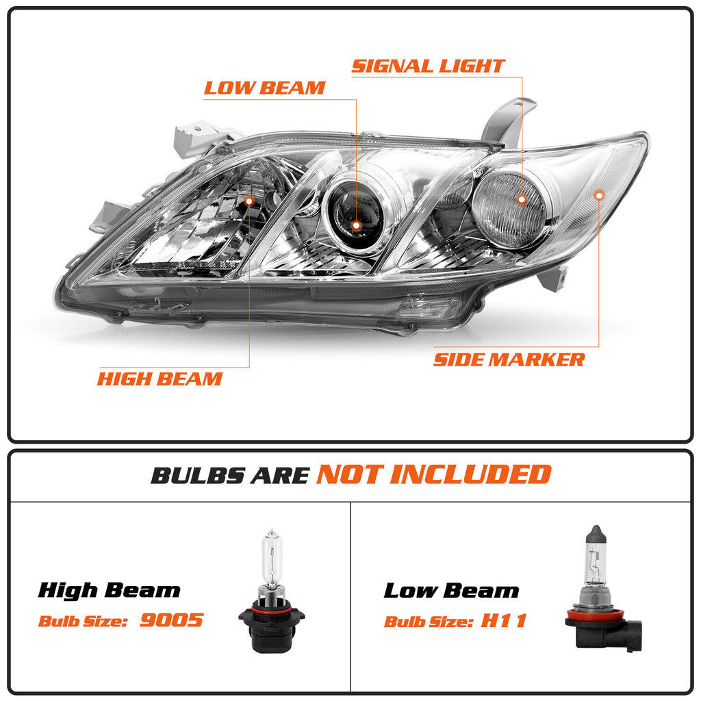 Headlight Assembly for 2007-2009 Toyota Camry Projector Chrome Amber Headlamp
