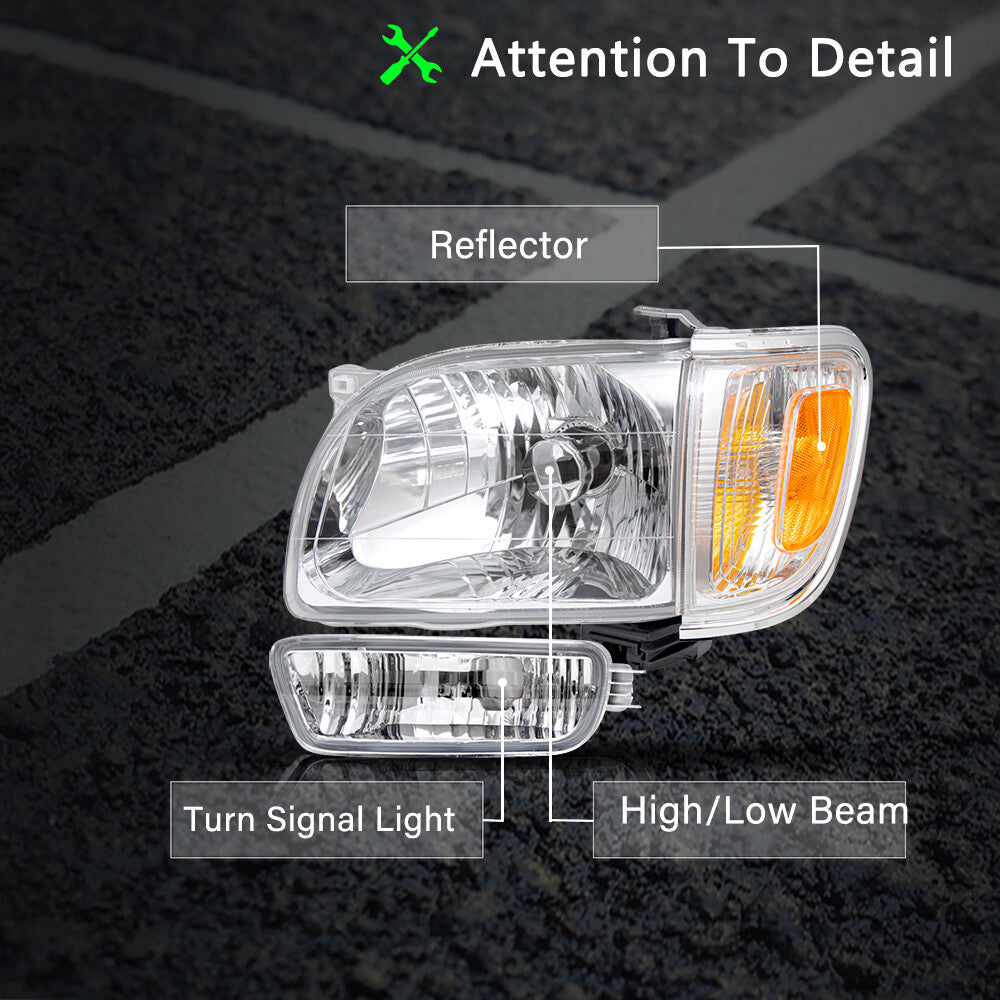 For 2001-2004 Toyota Tacoma Chrome Headlights Amber Corner Lamps + Bumper Lights