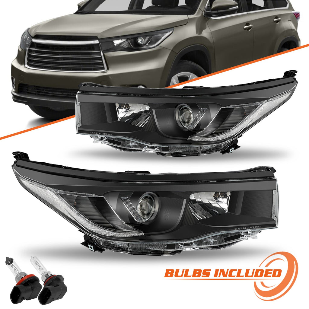 For 2014 2015 2016 Toyota Highlander Black Clear Headlight Pair Assembly