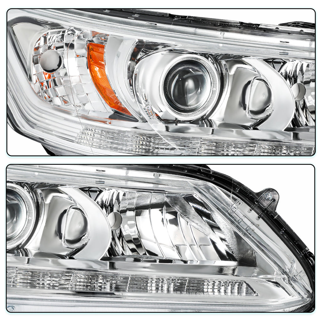 For 2013 2014 2015 Honda Accord 4Dr Chrome w/ LED DRL Headlights Headlamps