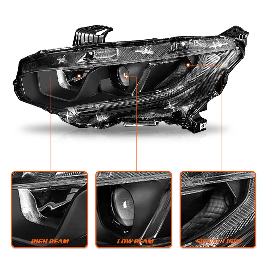 For 2016-2021 Honda Civic Black Projector W/DRL Headlights Assembly Lamps Pair