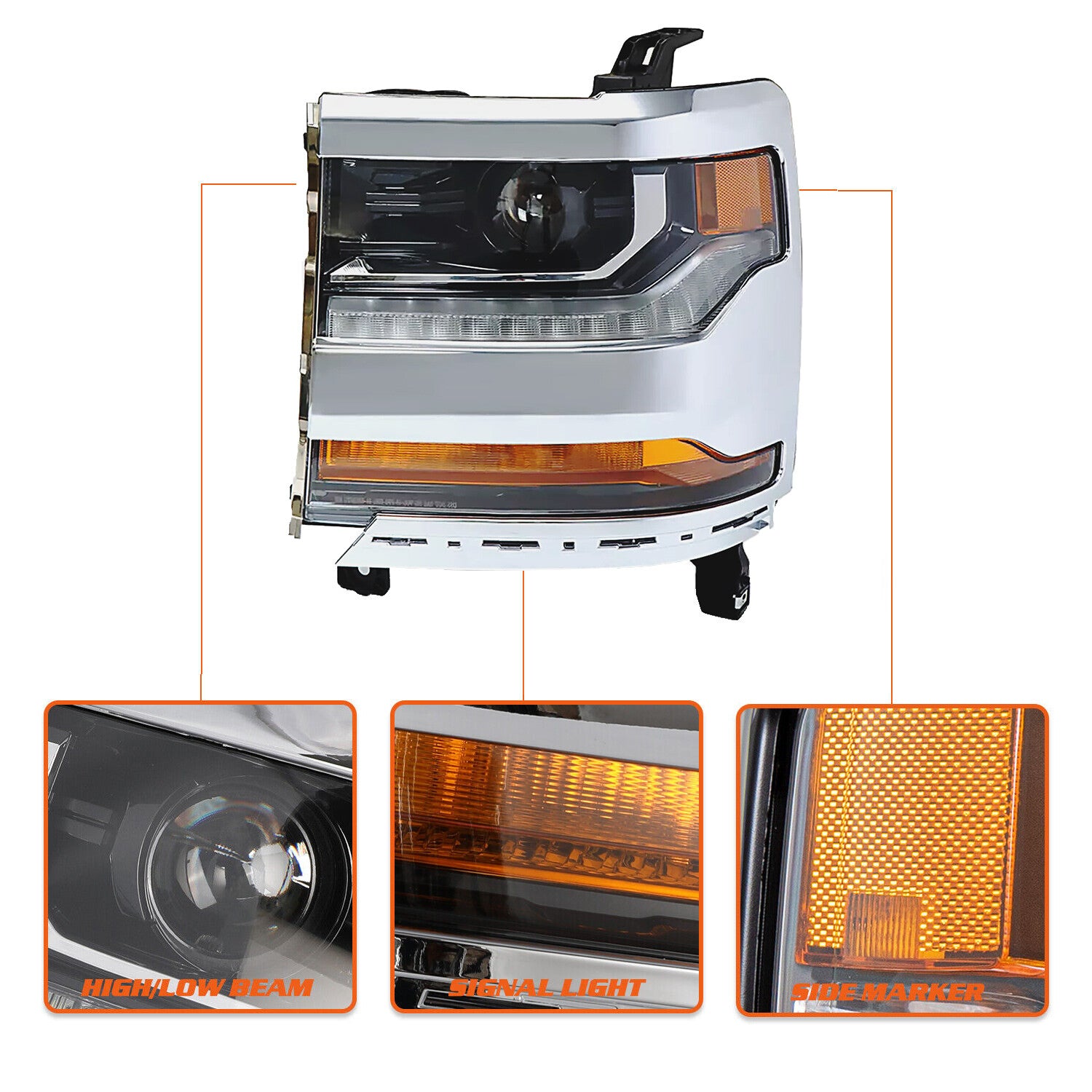 Chrome For 2016-2018 Chevy Silverado 1500 HID/Xenon Headlight Driver Side