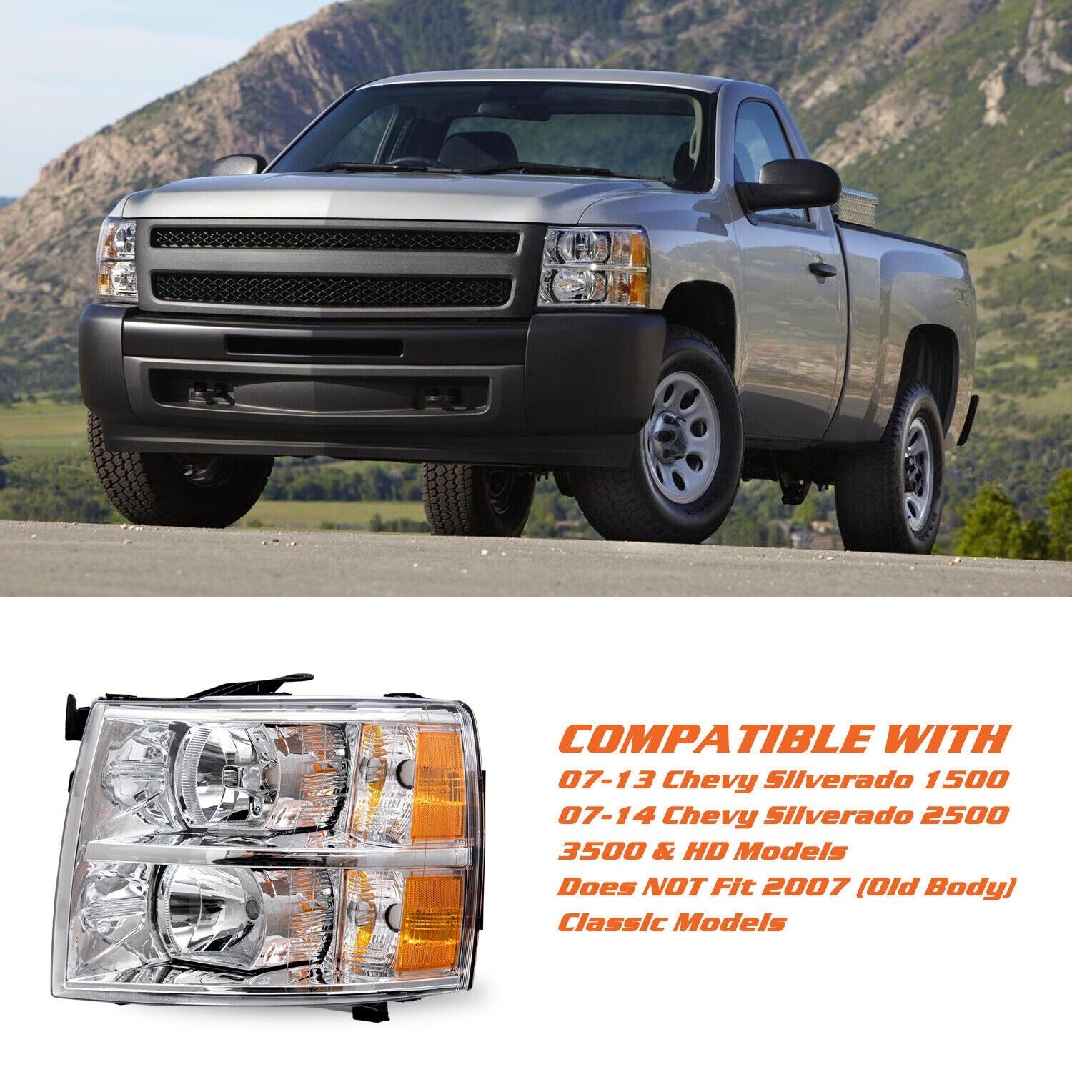 Chrome Headlights Assembly For 2007-2014 Chevy Silverado 1500 2500HD Left Driver