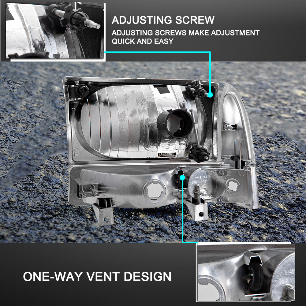 CHROME HOUSING CLEAR CORNER HEADLIGHT LAMPS FOR 99-04 FORD F250 F350 SUPER DUTY