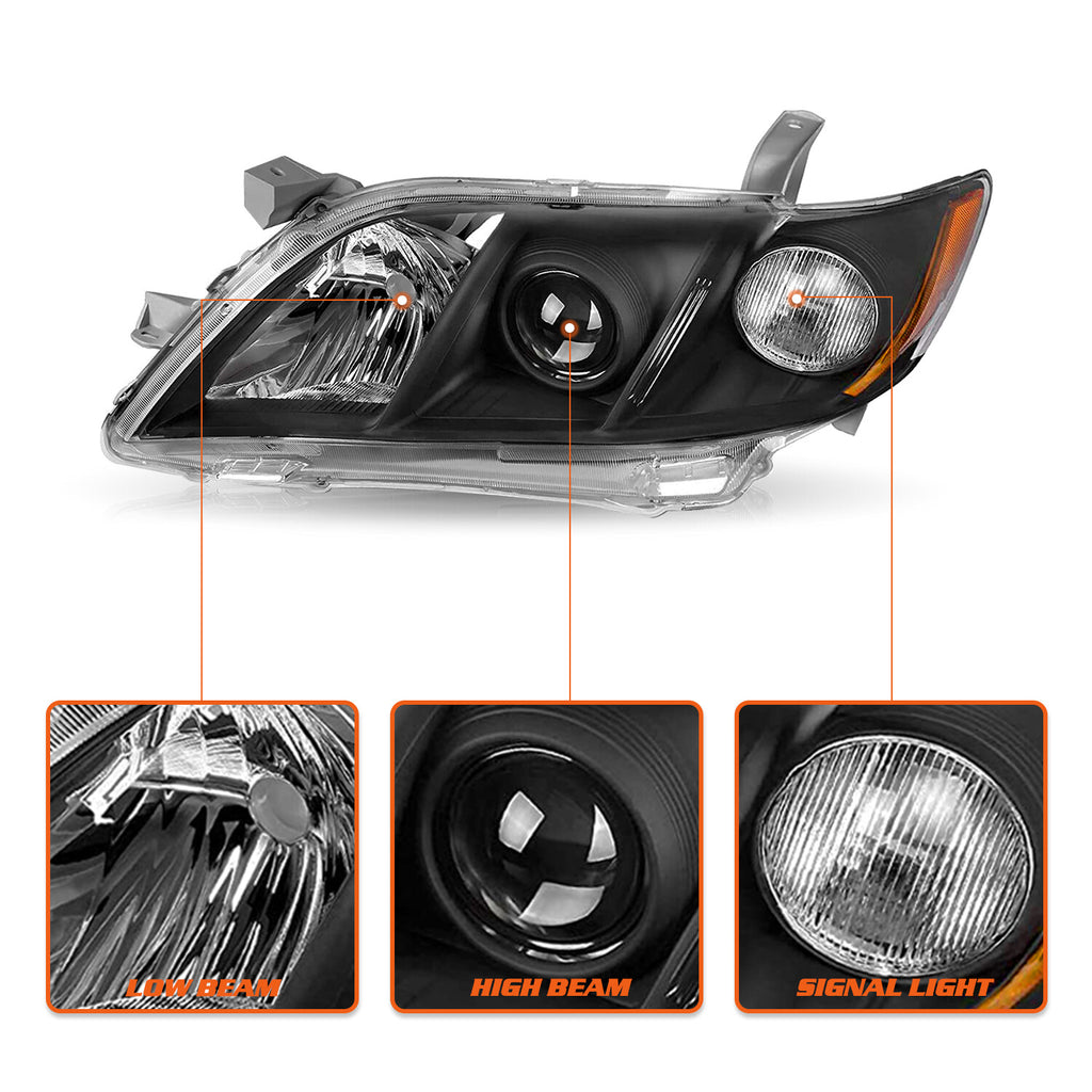 FOR 2007 2008 2009 TOYOTA CAMRY BLACK HOUSING AMBER CORNER PROJECTOR HEADLIGHTS