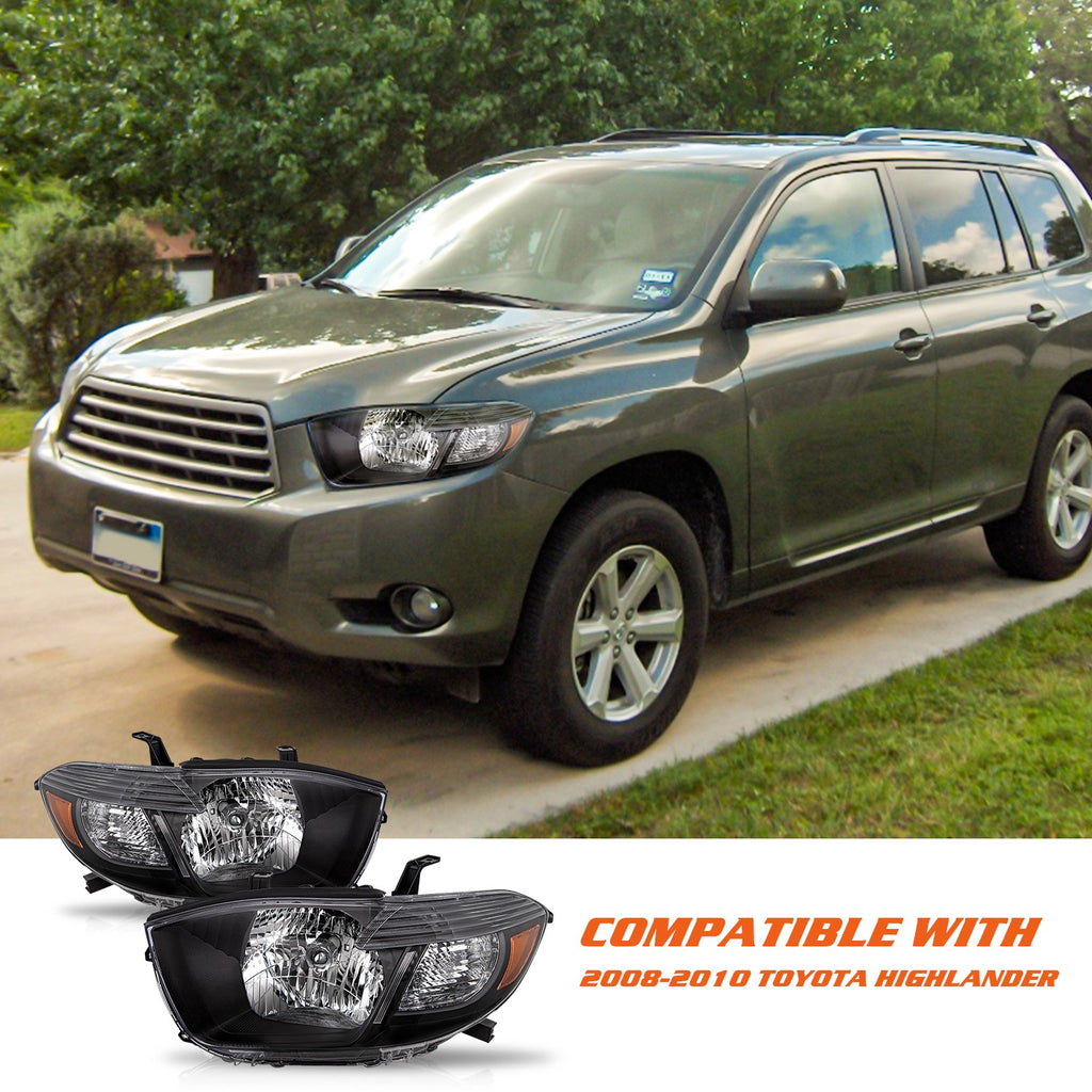 For 2008 2009 2010 Toyota Highlander Black Housing Headlights Lamps L+R Pair