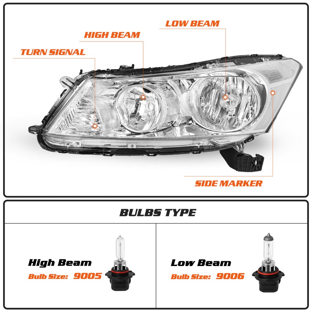 For 2008-2012 Honda Accord 4-Door Sedan Chrome Headlights Clear Corner Lamps L+R