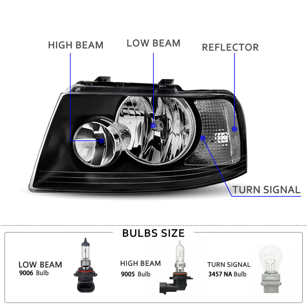 Pair Black Clear Housing Headlight Fit For 2003-2006 Ford Expedition W/Bulbs