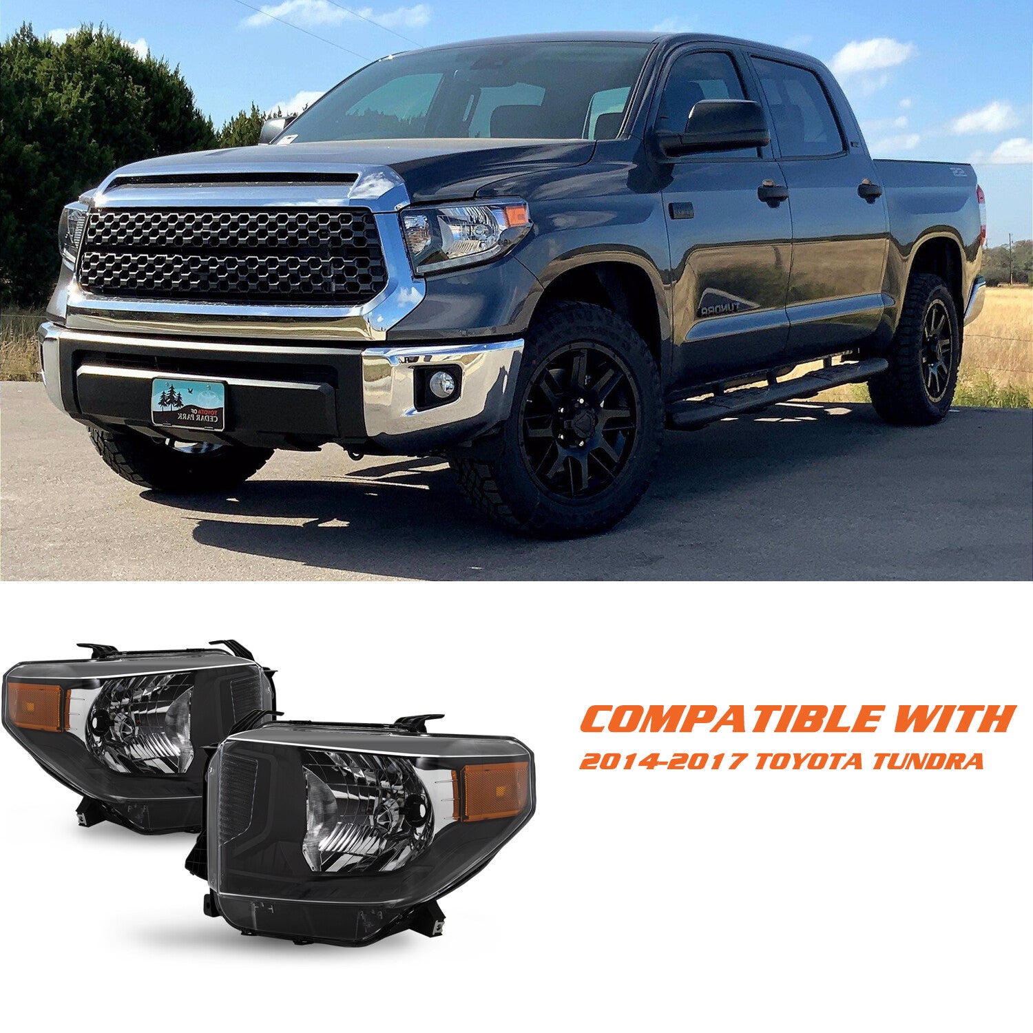 For 2014-2017 Toyota Tundra Black Headlights Amber Corner Headlamps Left+Right